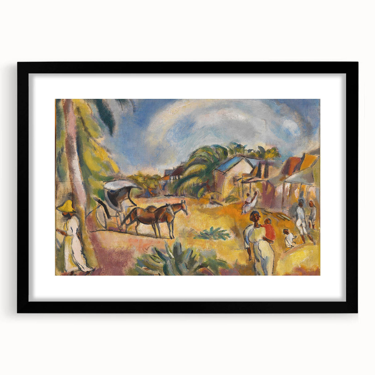 Modern Wall Art: Vibrant Landscape with Figures and Horse Carriage