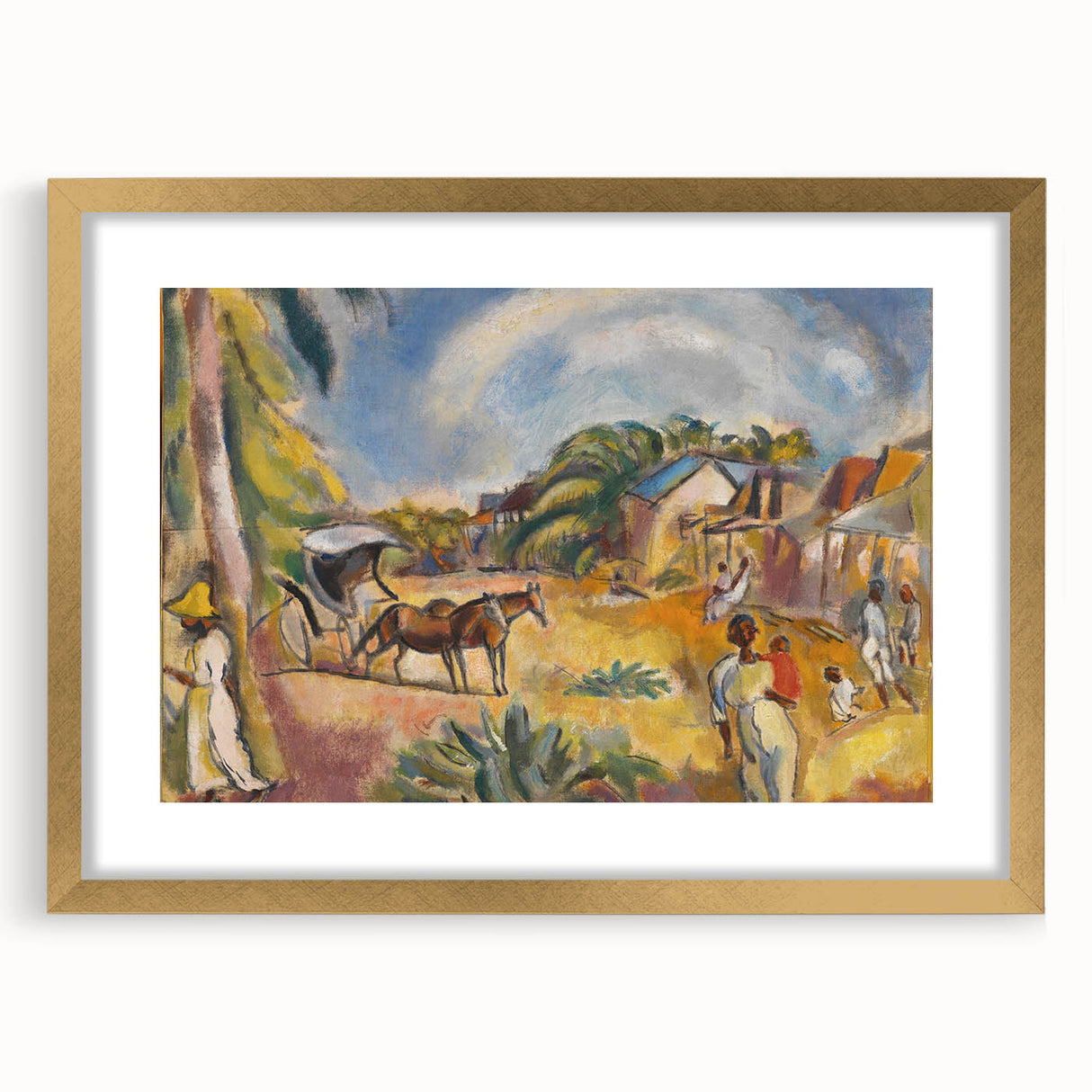 Modern Wall Art: Vibrant Landscape with Figures and Horse Carriage
