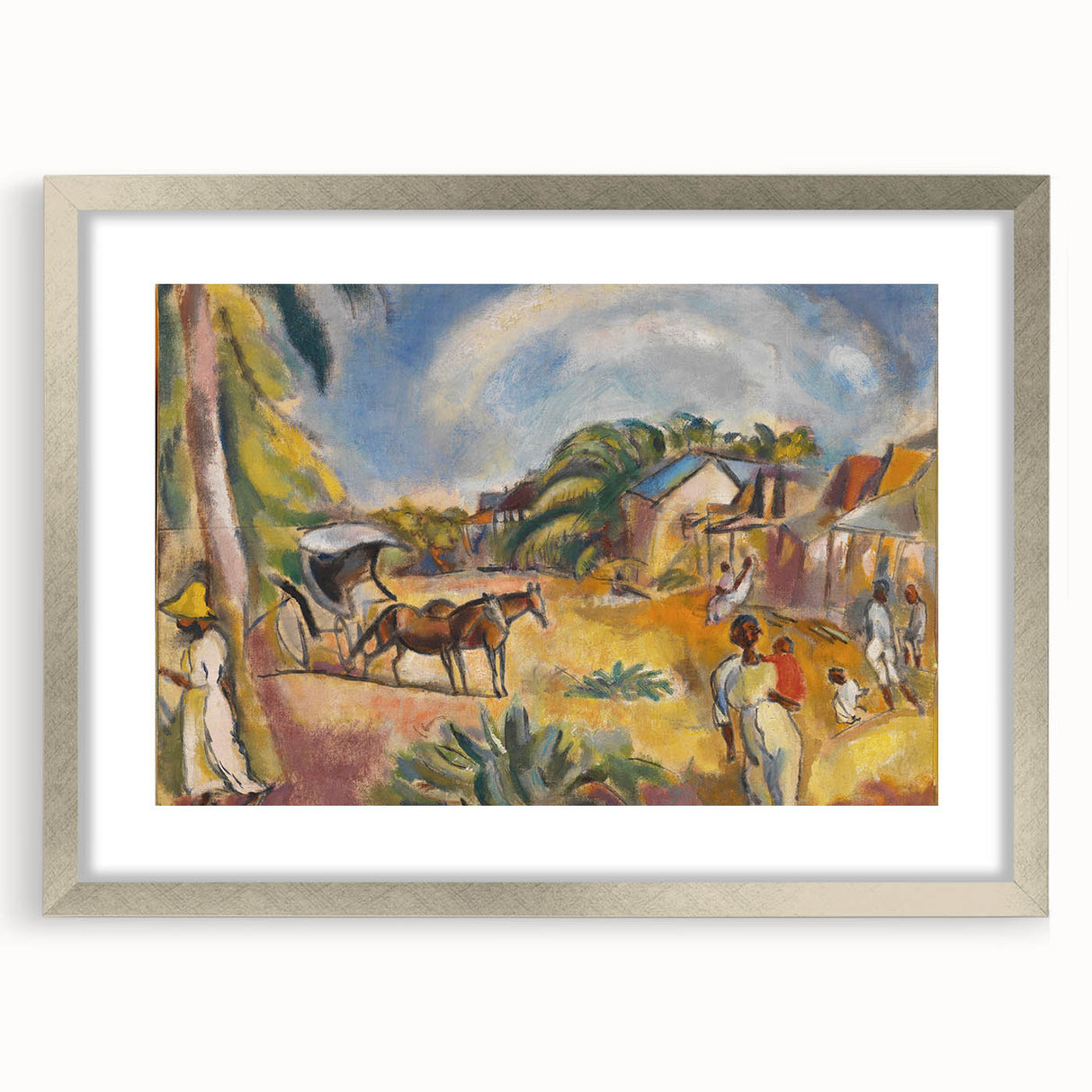 Modern Wall Art: Vibrant Landscape with Figures and Horse Carriage