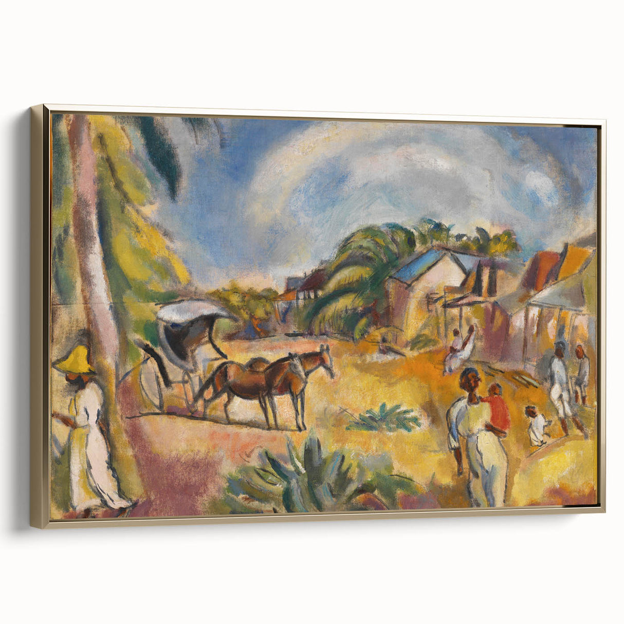 Modern Wall Art: Vibrant Landscape with Figures and Horse Carriage