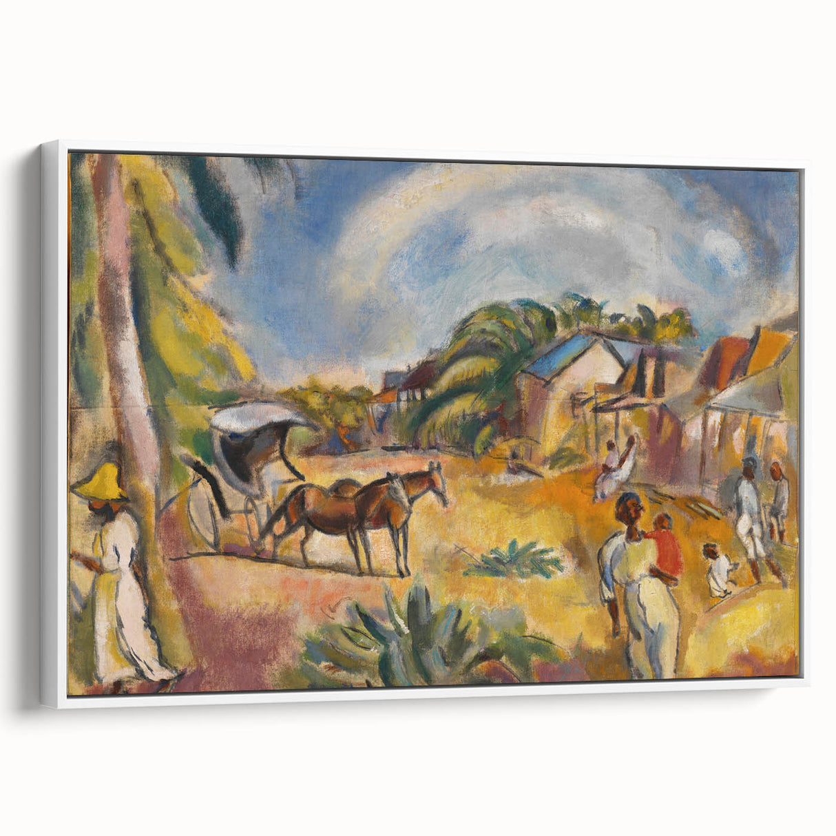 Modern Wall Art: Vibrant Landscape with Figures and Horse Carriage