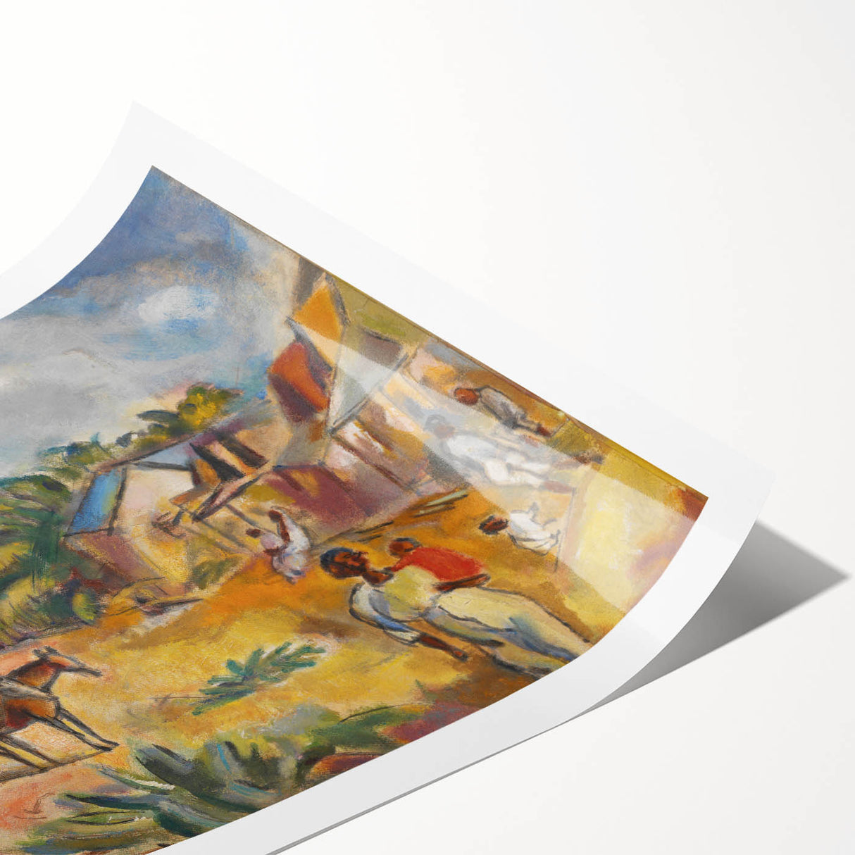 Modern Wall Art: Vibrant Landscape with Figures and Horse Carriage