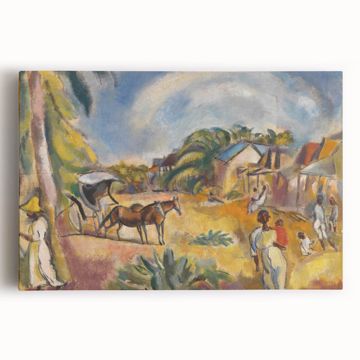 Modern Wall Art: Vibrant Landscape with Figures and Horse Carriage