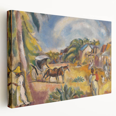 Modern Wall Art: Vibrant Landscape with Figures and Horse Carriage