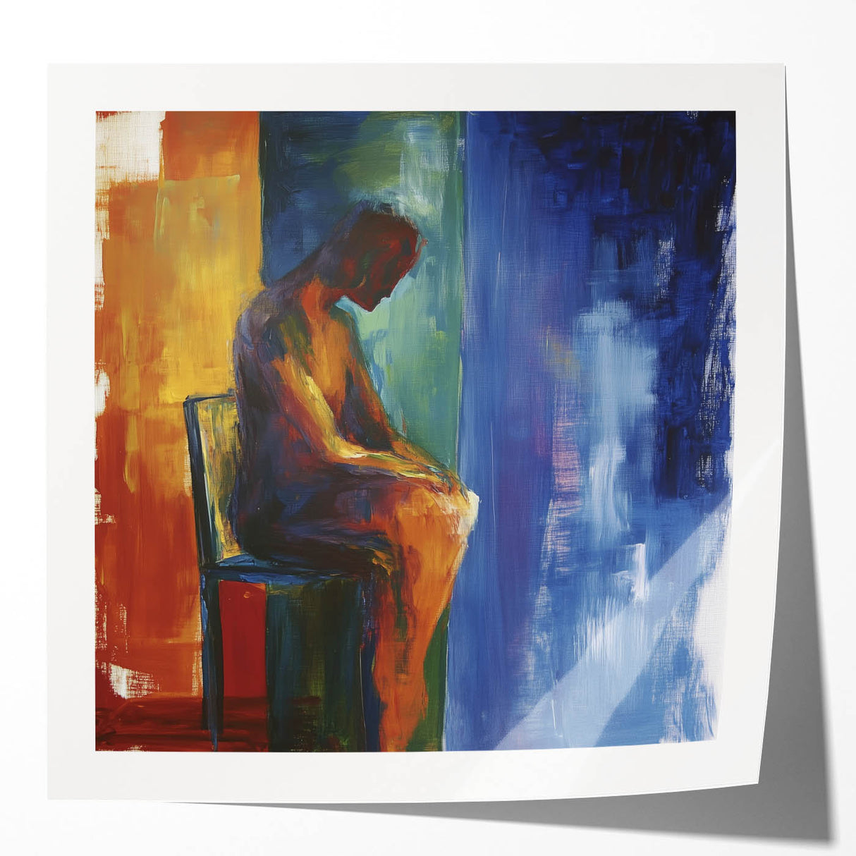 Glossy abstract figurative art print showcasing vibrant colors and dynamic shapes, elegantly displayed in a modern living room setting, enhancing contemporary decor.
