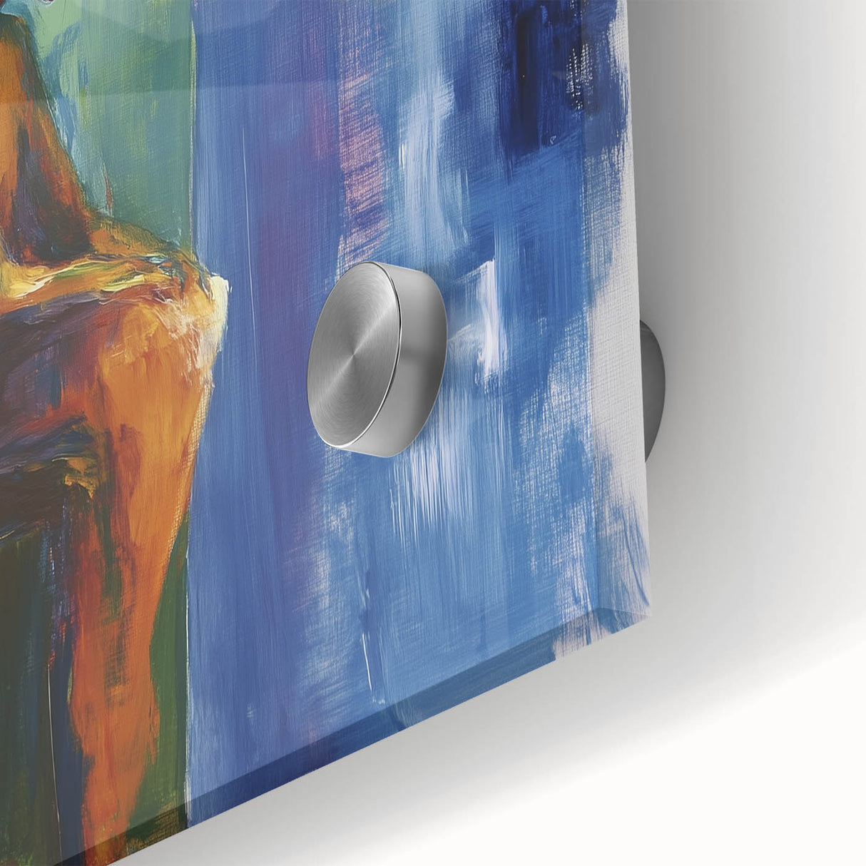 Abstract figurative acrylic painting displayed on glass, showcasing vibrant colors and intricate details, perfect for modern home decor or art enthusiasts.