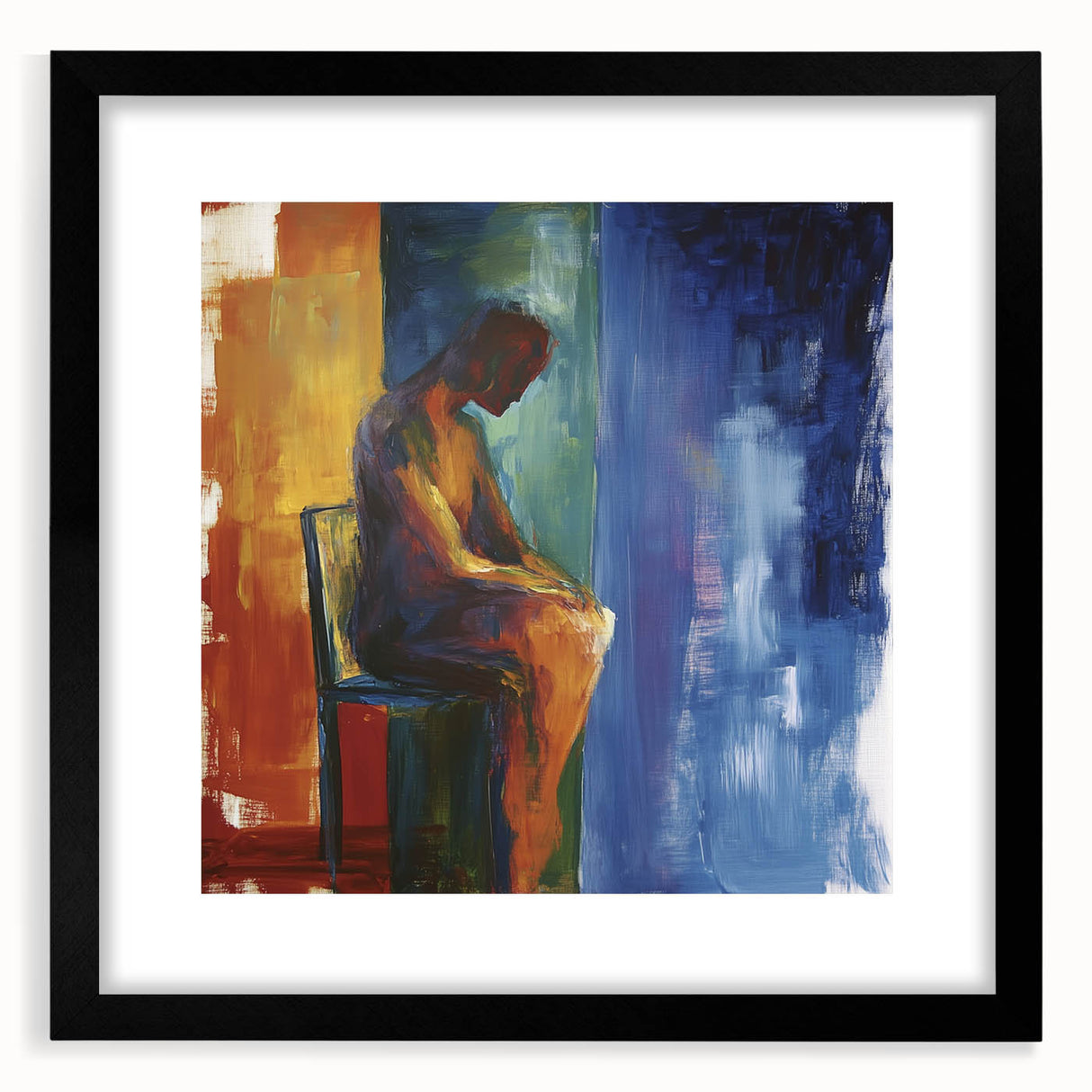 Abstract figurative artwork framed in a sleek black mat, showcasing a modern design that adds elegance to any space. Ideal for contemporary home decor.