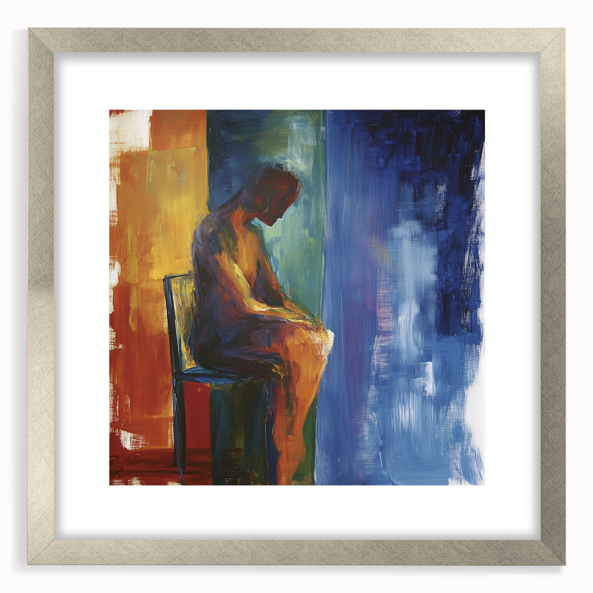 Abstract figurative frame with a silver mat, showcasing a modern art piece that highlights dynamic shapes and colors, ideal for contemporary decor.