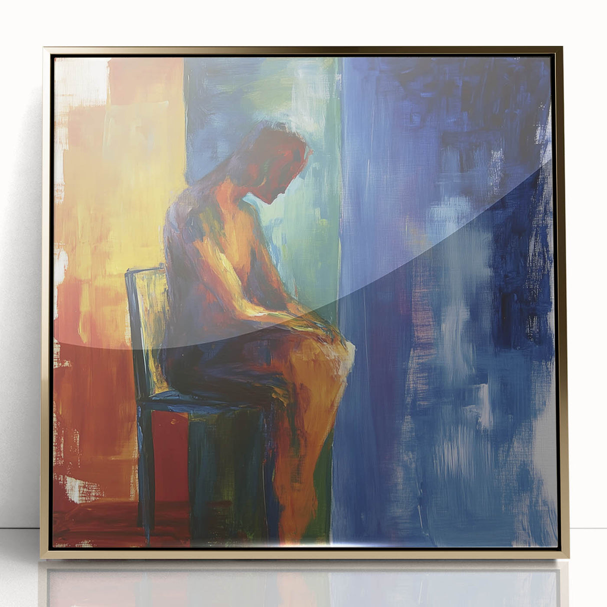 Abstract figurative artwork in a gold-accented frame, showcasing vibrant colors and dynamic shapes, perfect for modern home decor and art enthusiasts.