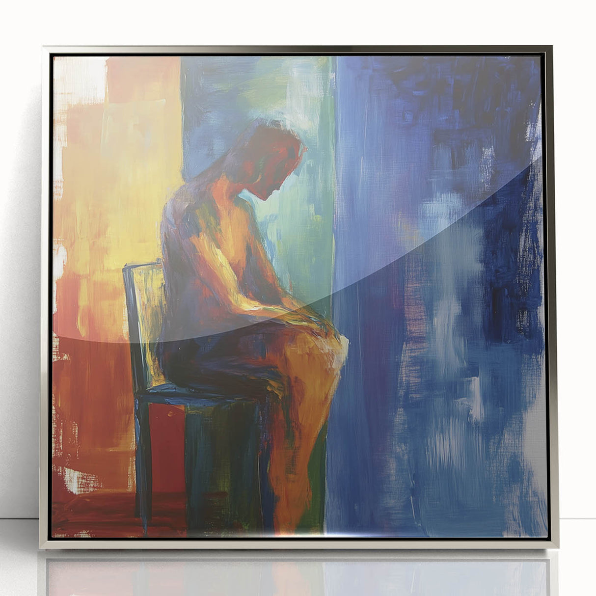 Framed abstract figurative artwork in silver tones, showcasing intricate design elements. Ideal for modern home decor, enhancing aesthetic appeal and conversation.