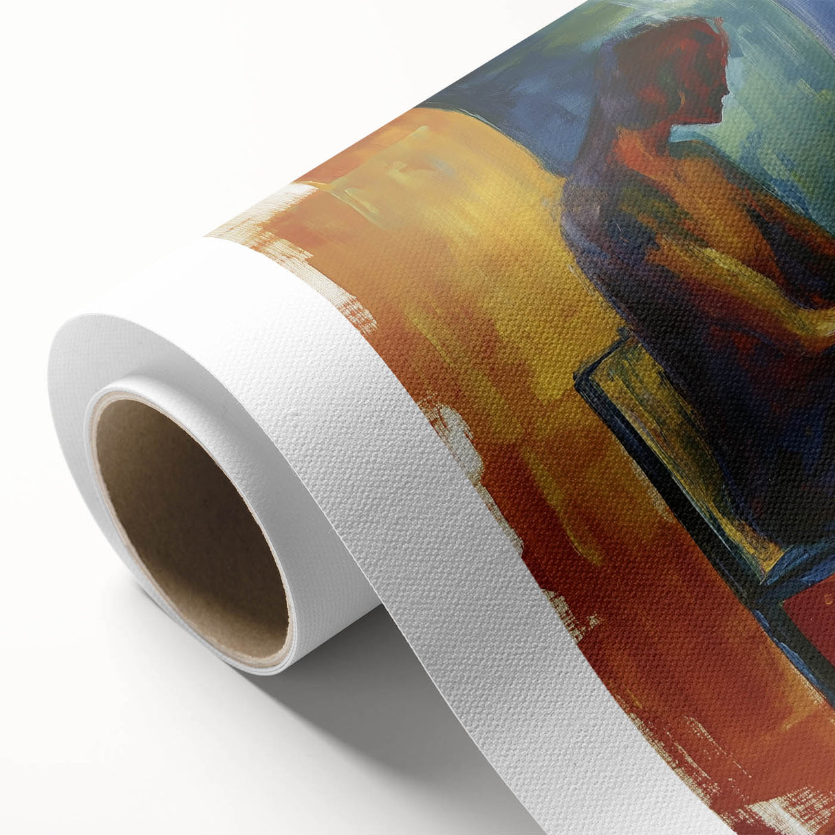 Abstract figurative rolled canvas art showcasing vibrant colors and dynamic shapes, elegantly packaged in a sturdy cardboard tube for safe delivery and display.