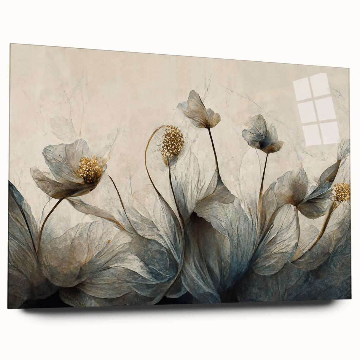 Abstract floral wall art displayed in a sleek acrylic glass frame, showcasing vibrant colors and intricate patterns, ideal for modern home decor.