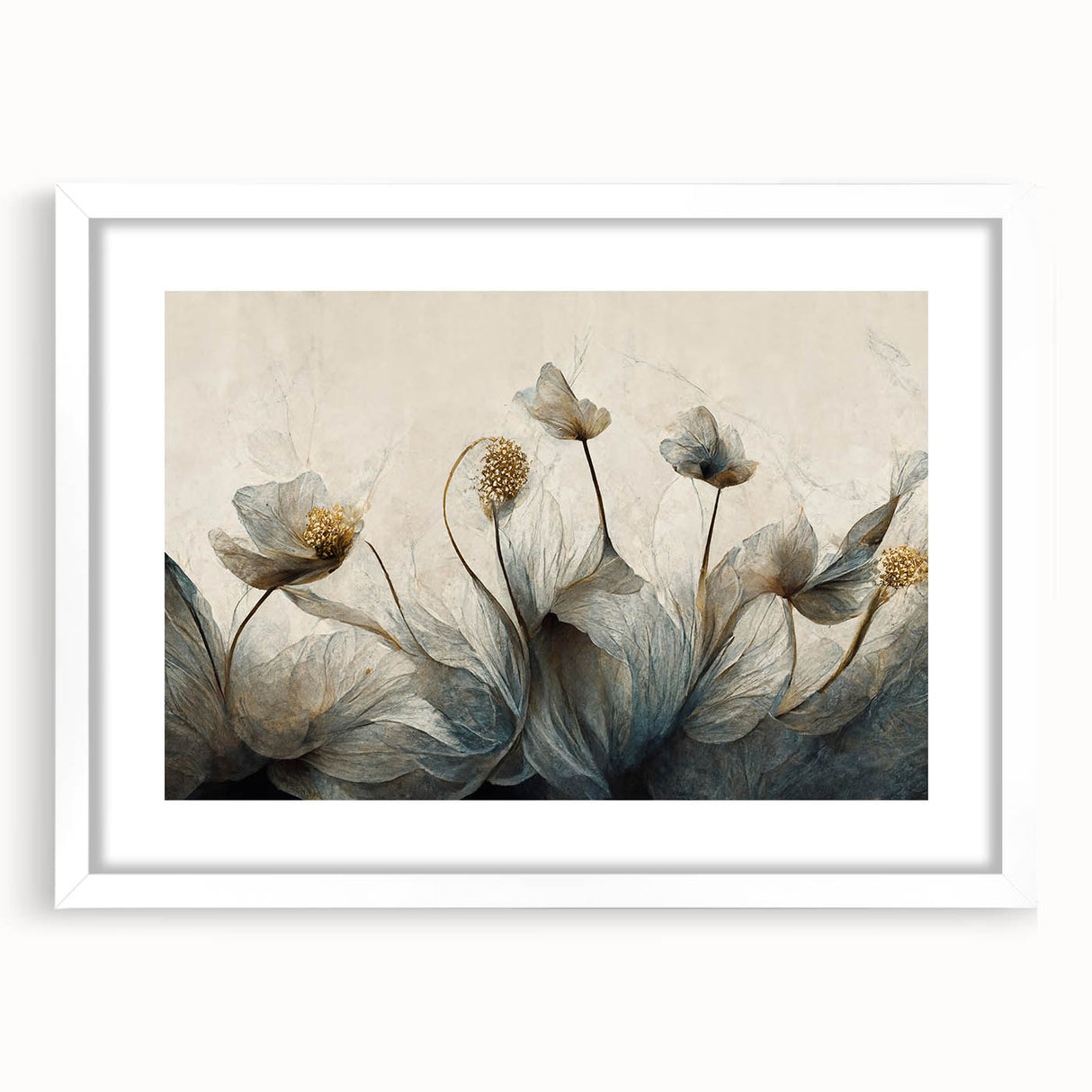 Abstract floral wall art featuring vibrant colors and intricate patterns, framed with a white mat, showcasing a contemporary design perfect for modern home decor.