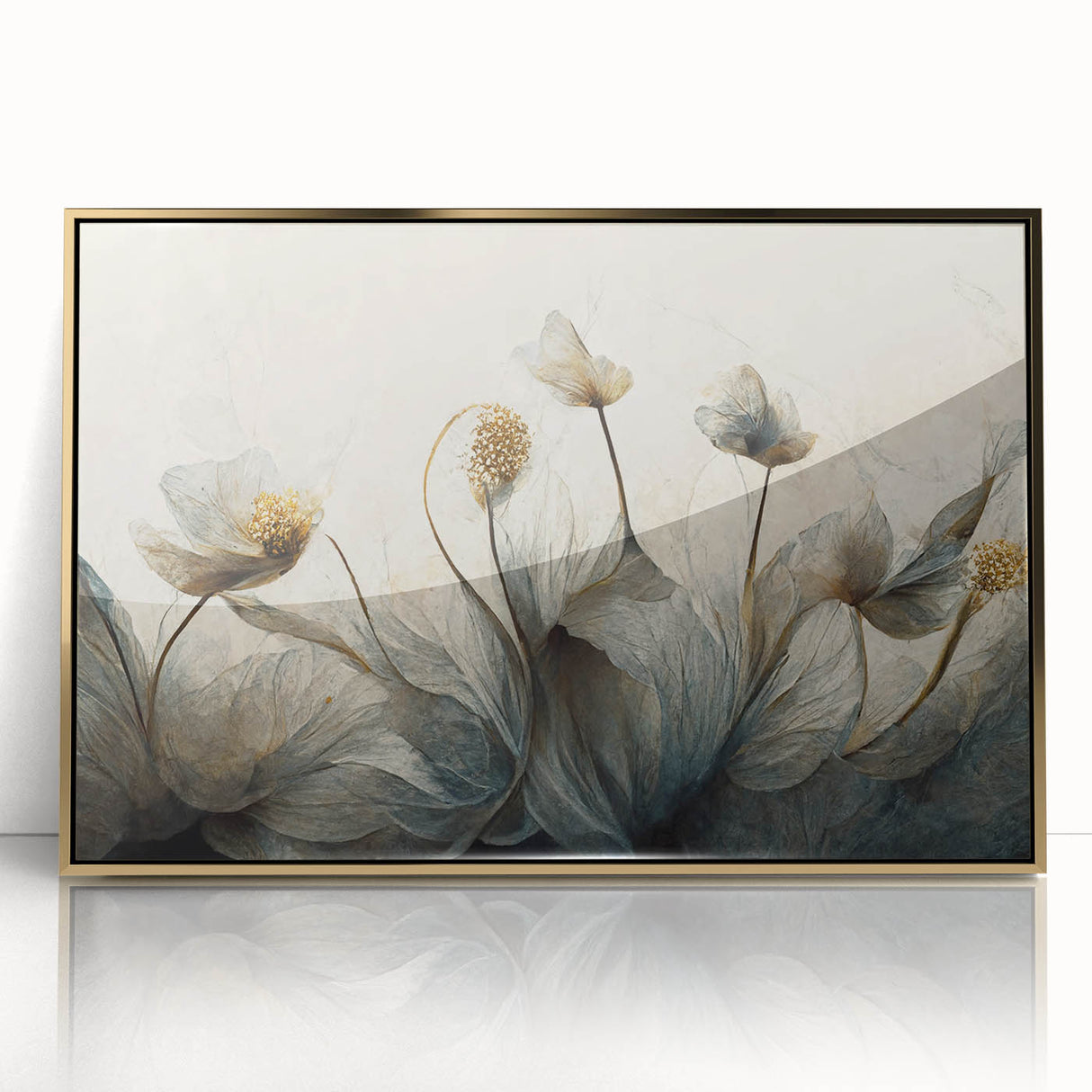 Framed abstract floral wall art featuring vibrant colors and intricate designs, accented with a sleek gold frame, ideal for modern home decor and interior design.