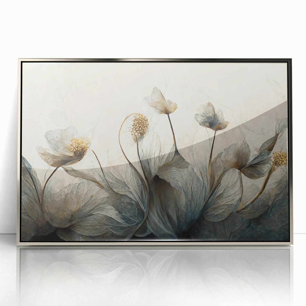 Framed abstract floral wall art featuring vibrant colors and intricate designs, set in a sleek silver frame, perfect for modern home decor accents.