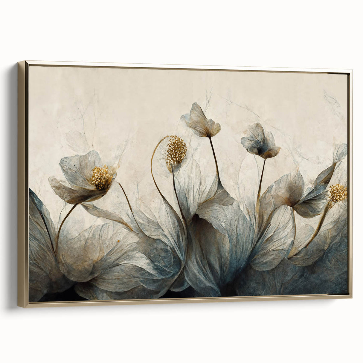 Framed canvas wall art featuring an abstract floral design with gold accents, presented in a stylish side view, perfect for modern home decor.