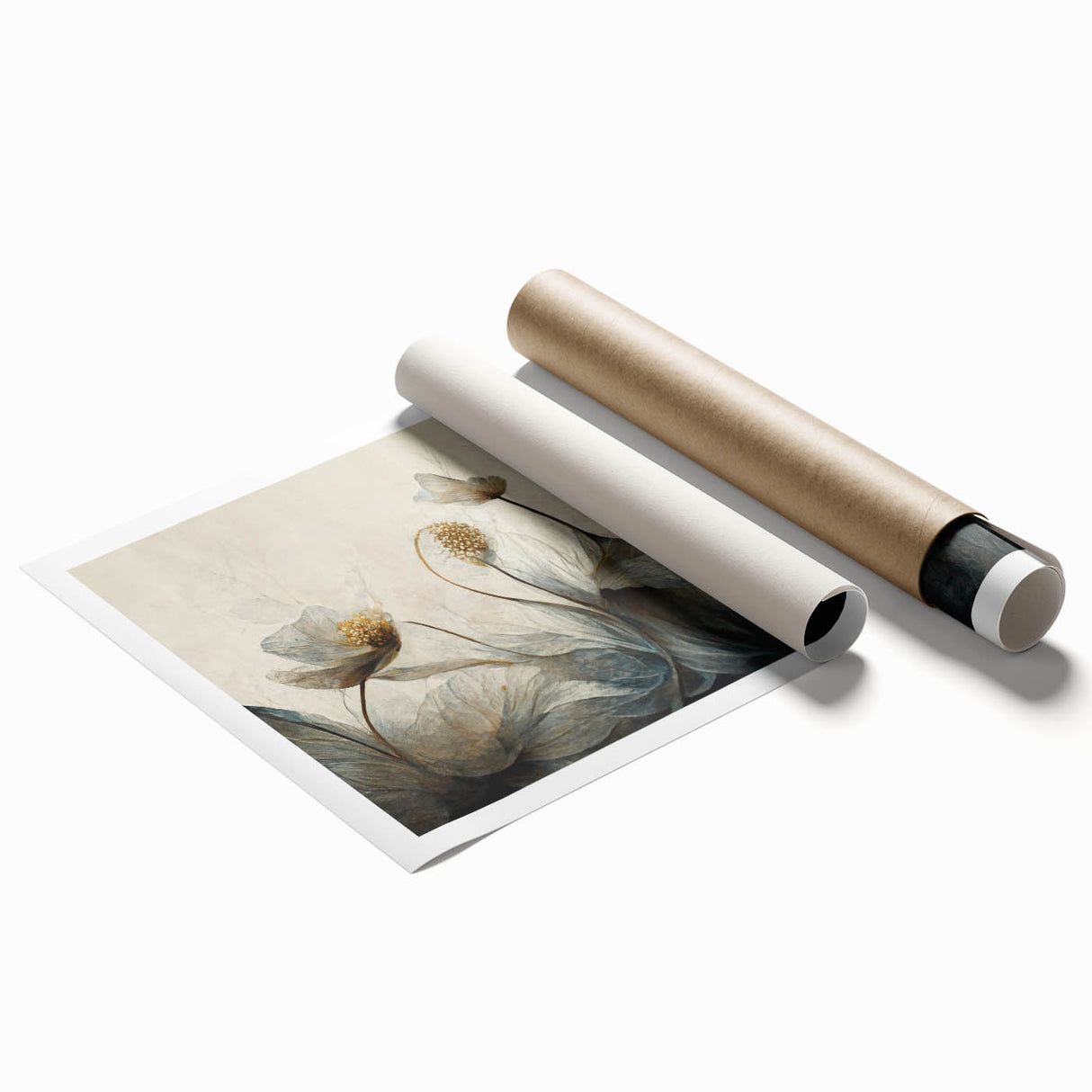 Abstract floral wall art print showcasing vibrant colors and intricate designs, rolled for easy shipping and display, perfect for modern home decor.