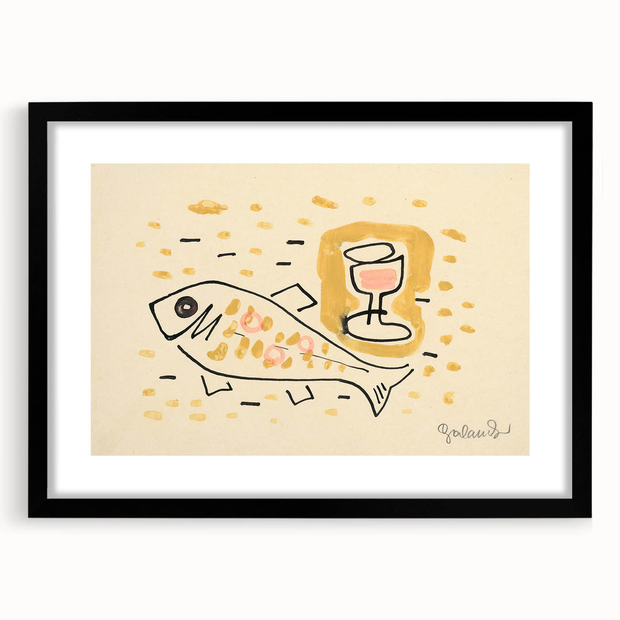 Modern Wall Art: Abstract Still Life with Fish and Wine Glass Design
