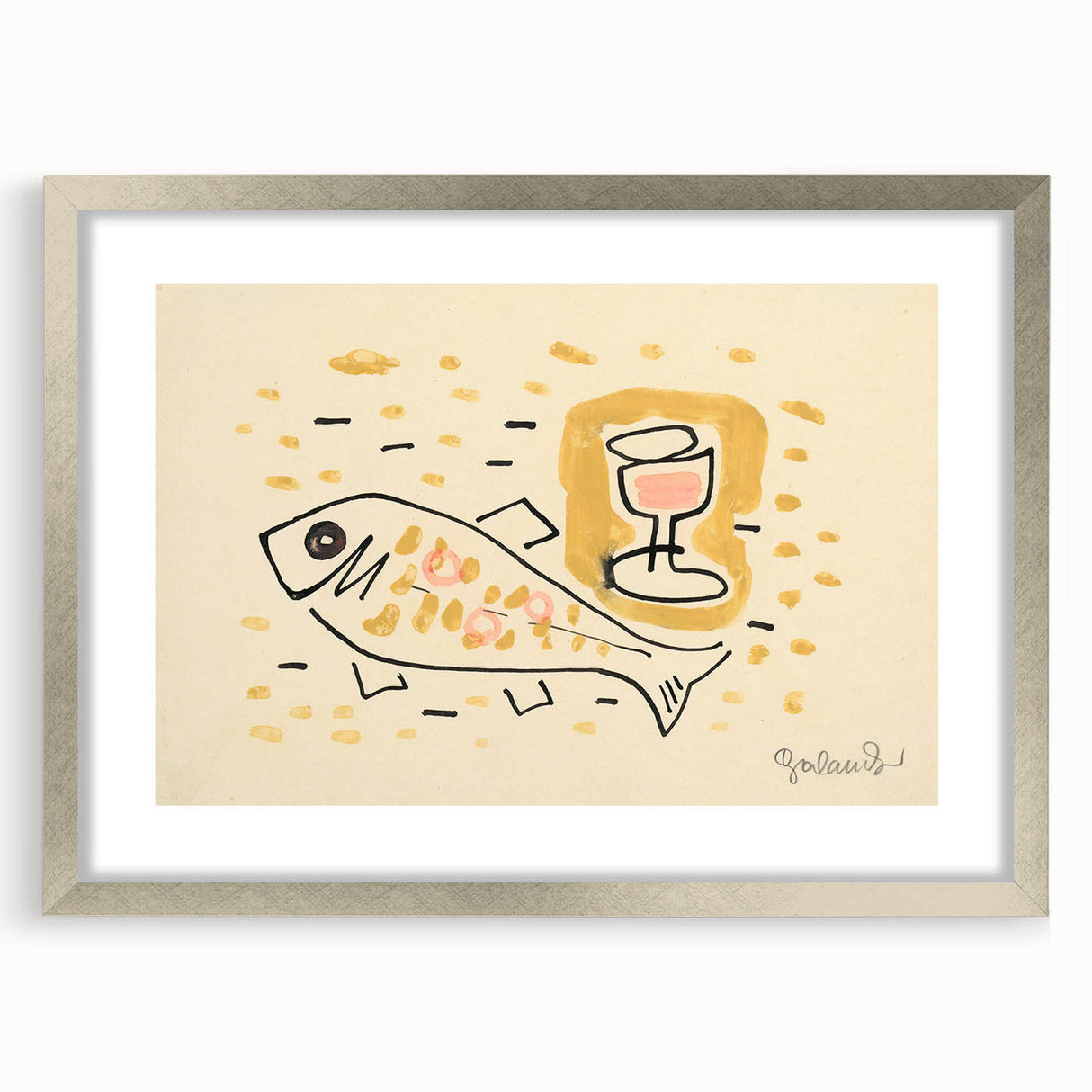 Modern Wall Art: Abstract Still Life with Fish and Wine Glass Design