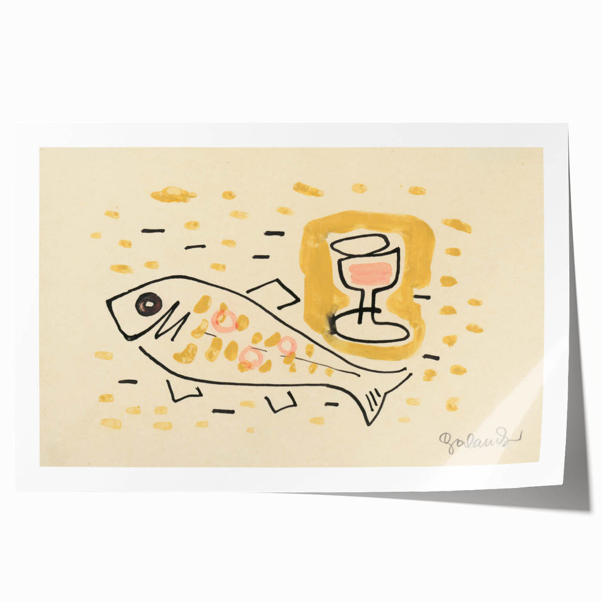 Modern Wall Art: Abstract Still Life with Fish and Wine Glass Design