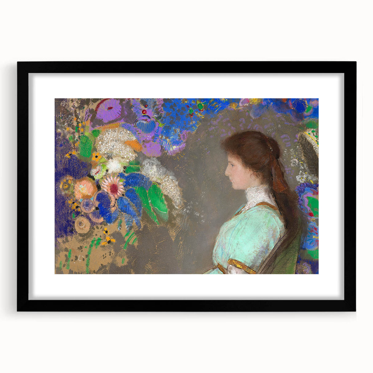 Modern Wall Art: Portrait with Vibrant Floral Surroundings in Soft Hues