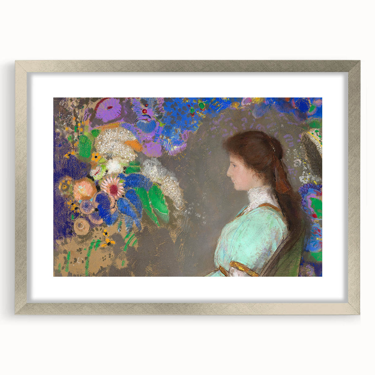 Modern Wall Art: Portrait with Vibrant Floral Surroundings in Soft Hues