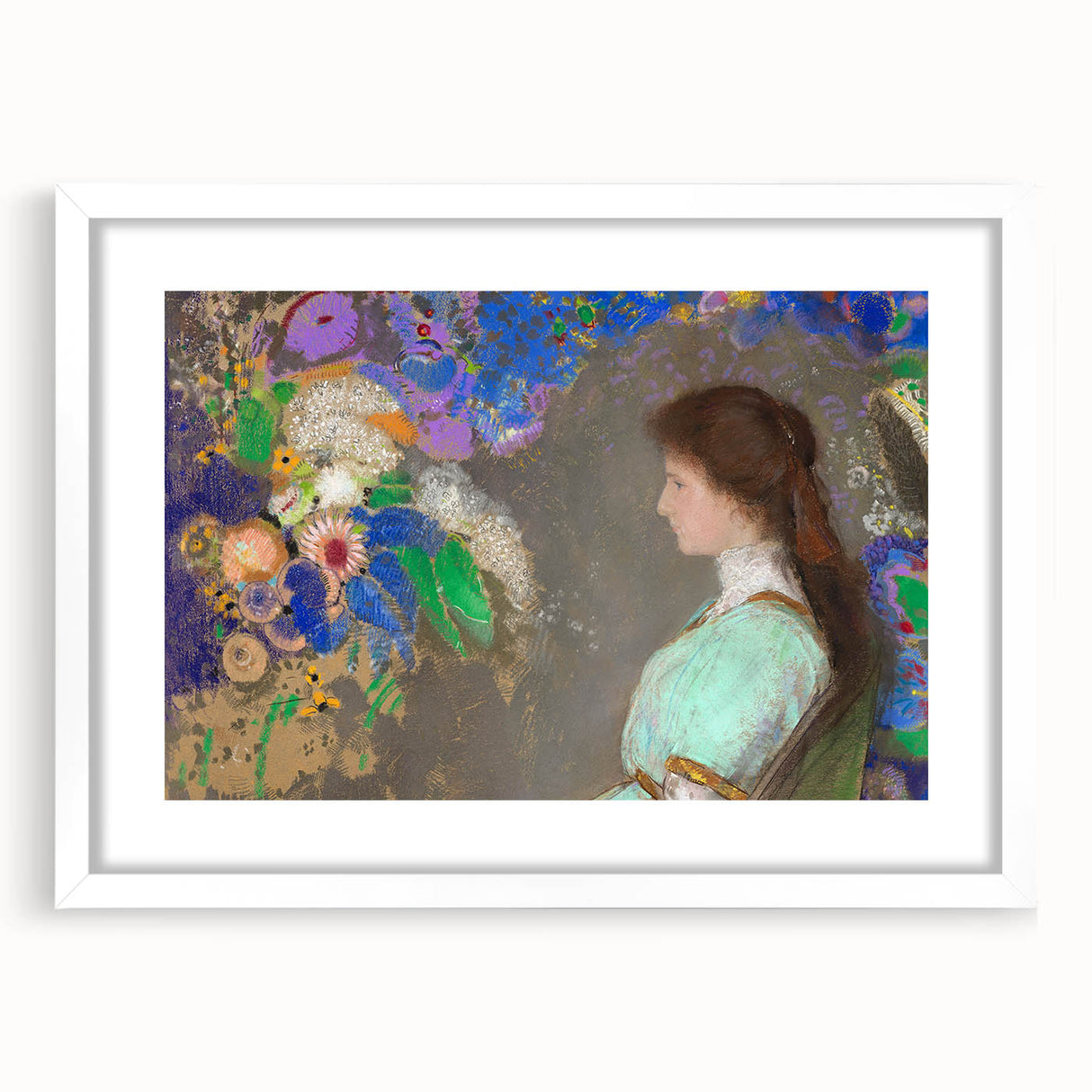 Modern Wall Art: Portrait with Vibrant Floral Surroundings in Soft Hues