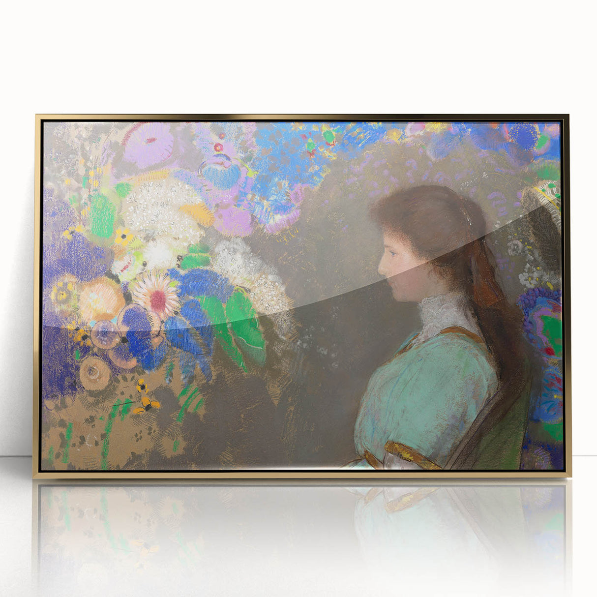 Modern Wall Art: Portrait with Vibrant Floral Surroundings in Soft Hues