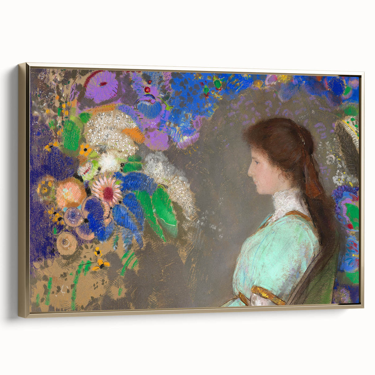 Modern Wall Art: Portrait with Vibrant Floral Surroundings in Soft Hues