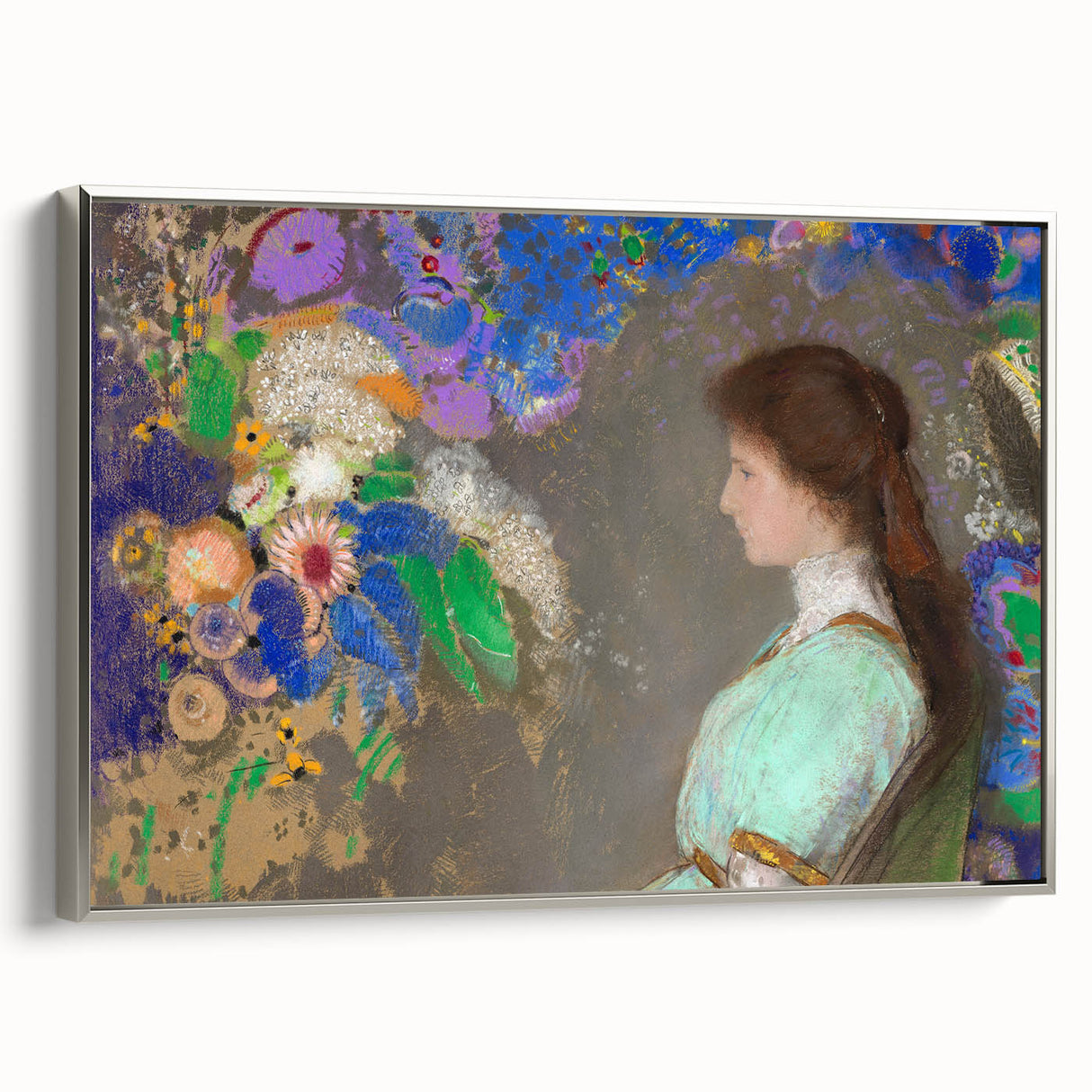 Modern Wall Art: Portrait with Vibrant Floral Surroundings in Soft Hues