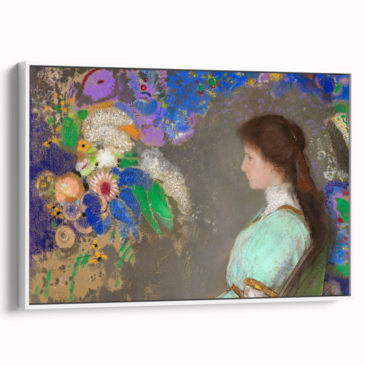 Modern Wall Art: Portrait with Vibrant Floral Surroundings in Soft Hues
