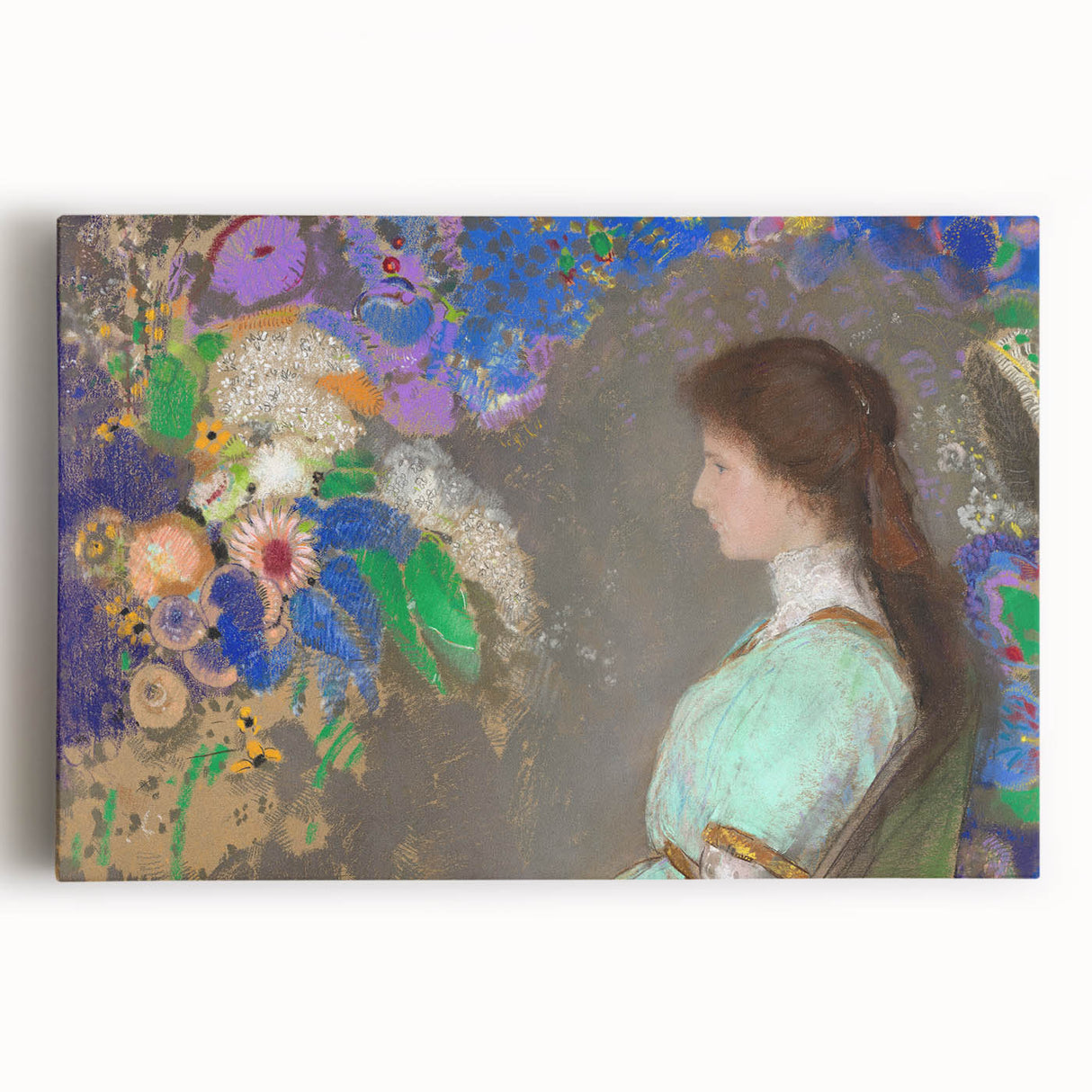 Modern Wall Art: Portrait with Vibrant Floral Surroundings in Soft Hues