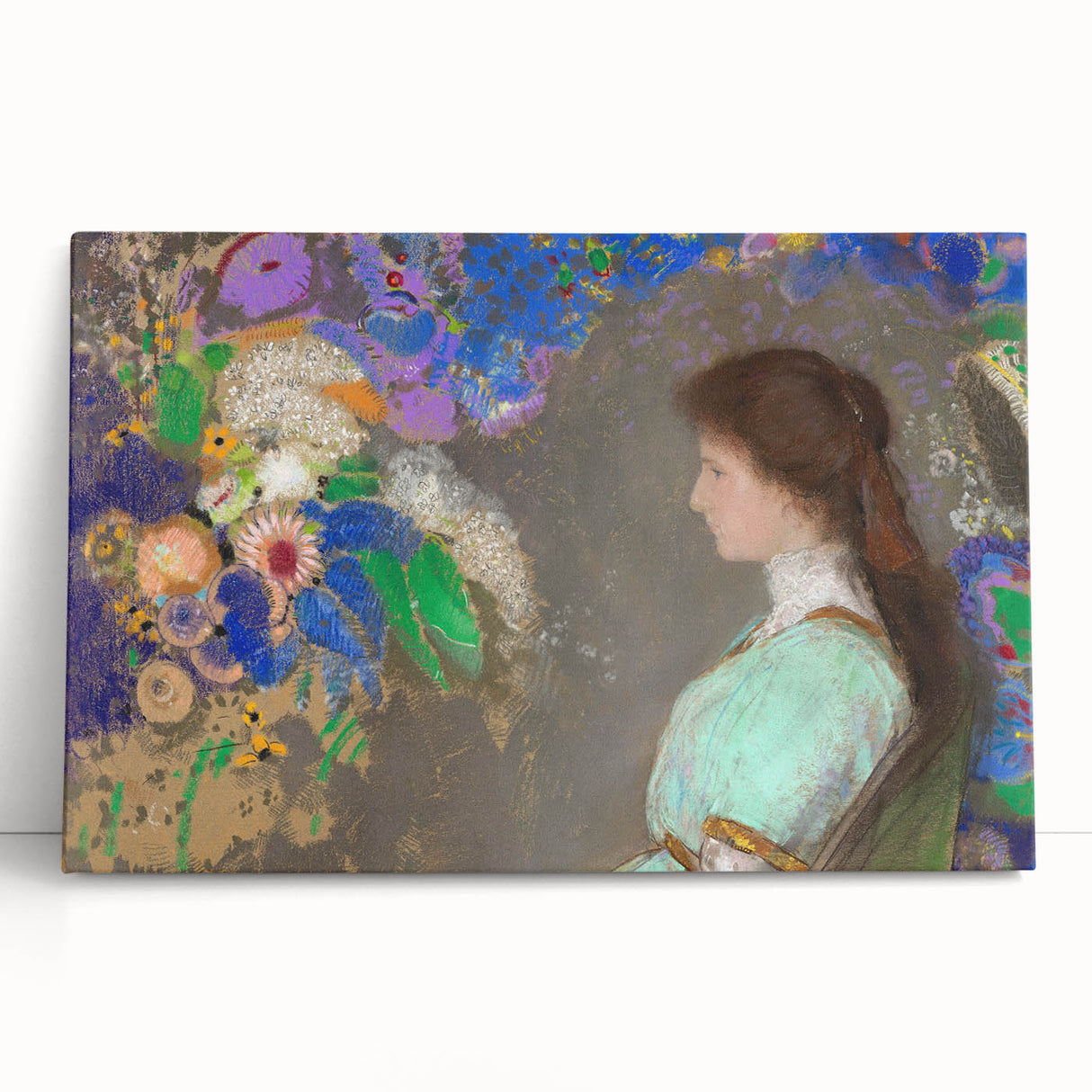 Modern Wall Art: Portrait with Vibrant Floral Surroundings in Soft Hues