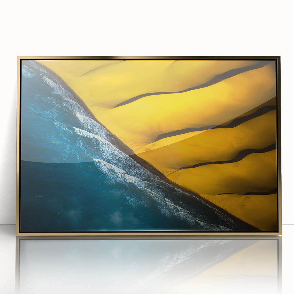 Mid-century modernist art depicting a Namibian landscape in muted earth tones on a framed acrylic panel.