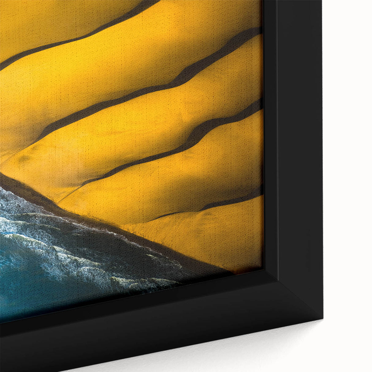 Close-up of extra large framed canvas featuring a textured, colorful African scenery, ideal for living room decor.