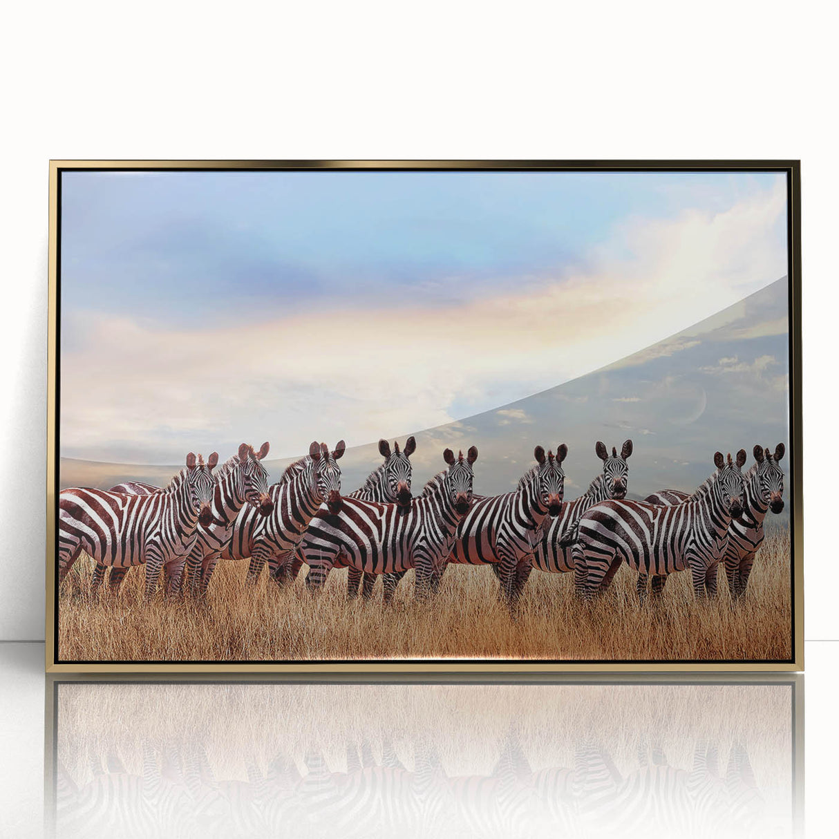 Framed acrylic print of a Tanzanian scenery in gold tones, ideal for modern art wall decor.