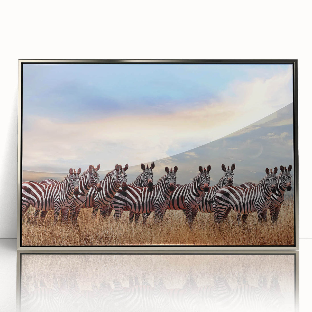 Mid-century modernist art depicting an abstract African savannah scene in earth tones on a framed acrylic print.