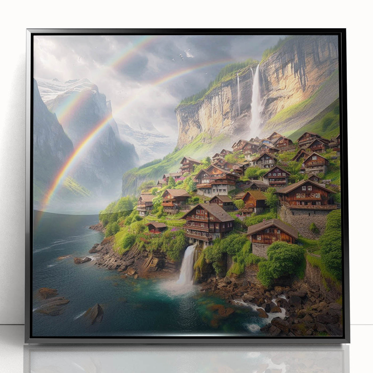 Large abstract wall art depicting a stylized African landscape in muted earth tones, framed in black acrylic.