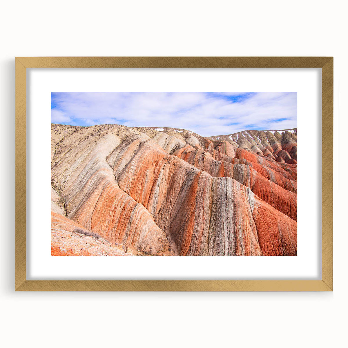 Extra large abstract art print of a textured Azerbaijani landscape in gold frame, ideal for living room decor.