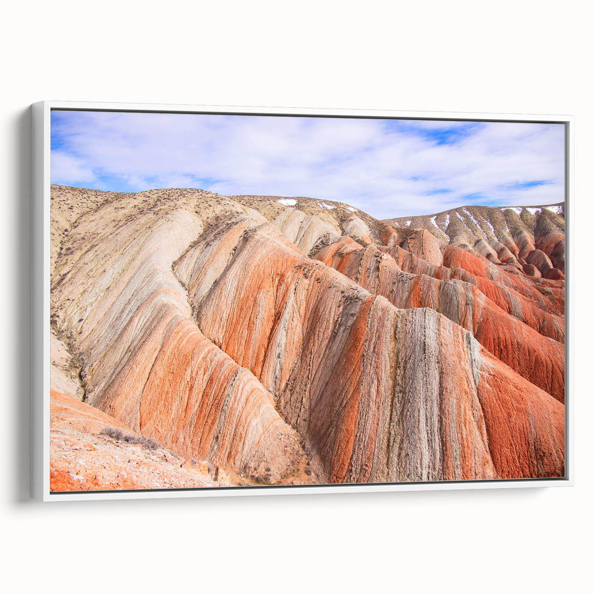 Vintage poster art of an Asian scenery in colorful tones on a large framed canvas, suitable for living room decor.