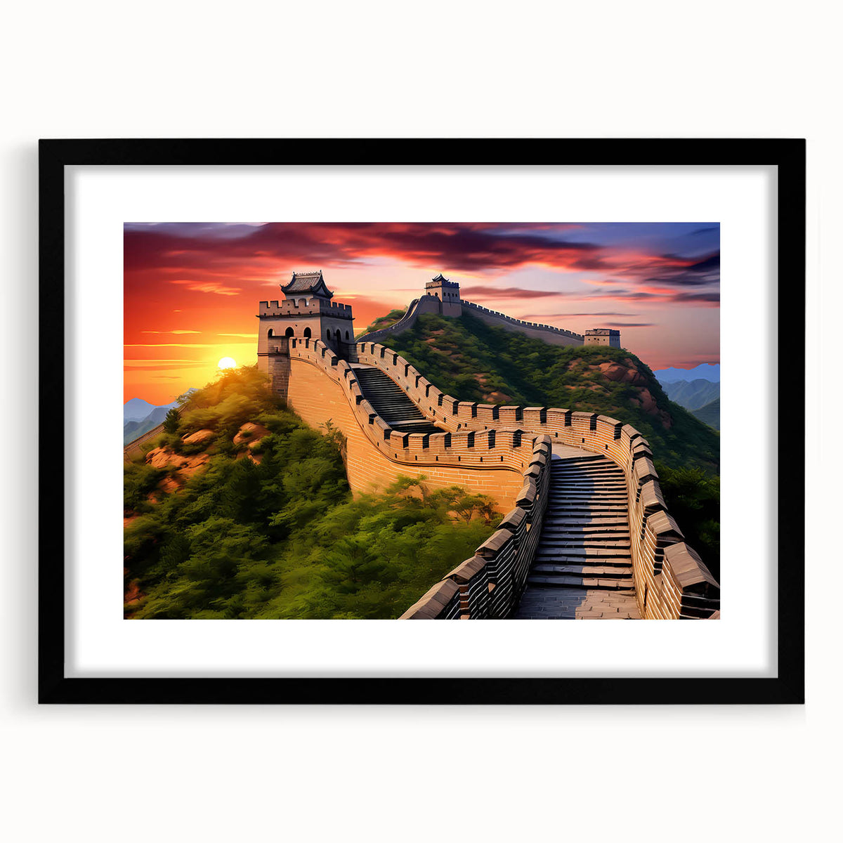 Extra large abstract art print of the Great Wall of China in vibrant, colorful textures on a framed black mat.