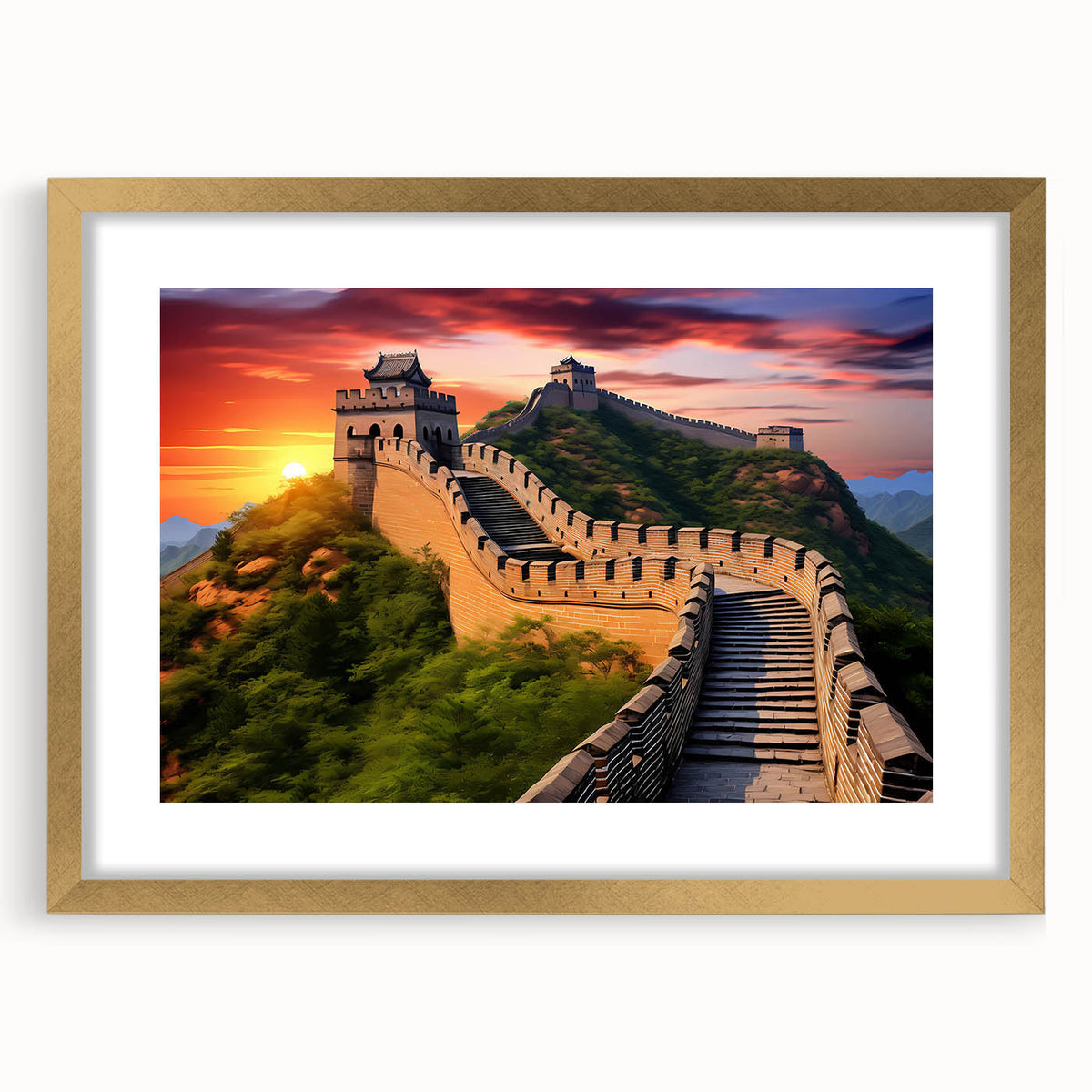 Extra large abstract art print of the Great Wall of China in textured gold frame, ideal for living room decor.
