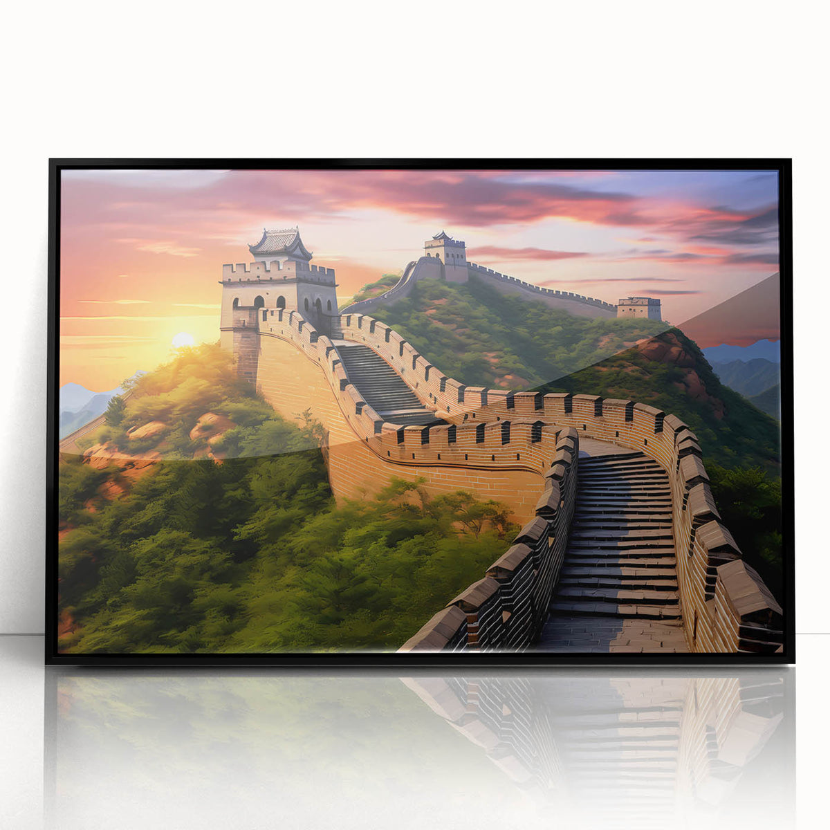 Large abstract wall art depicting the Great Wall of China in muted earth tones on a framed acrylic.