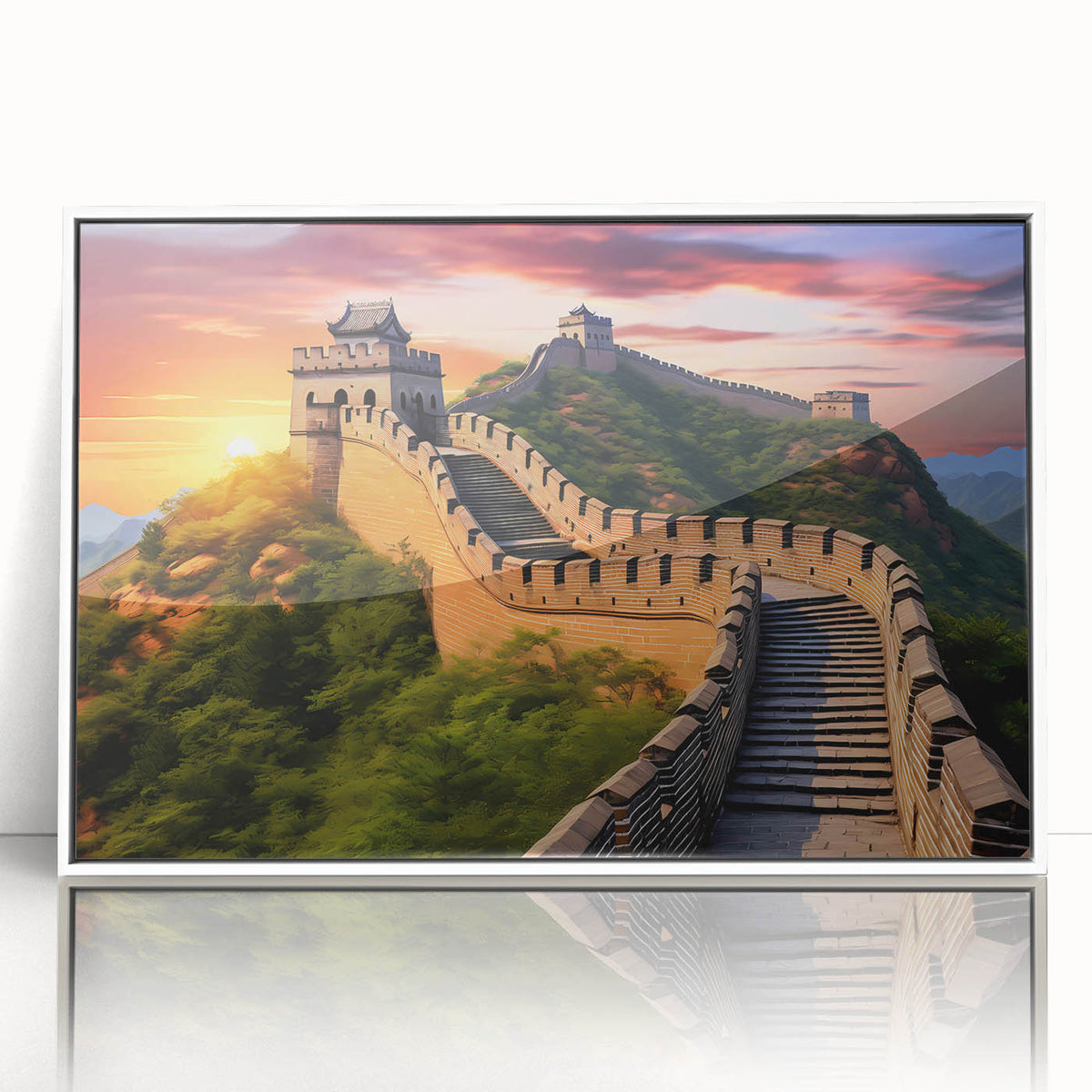 Acrylic print of the Great Wall of China in muted earth tones, framed in white, suitable for modern art wall decor.