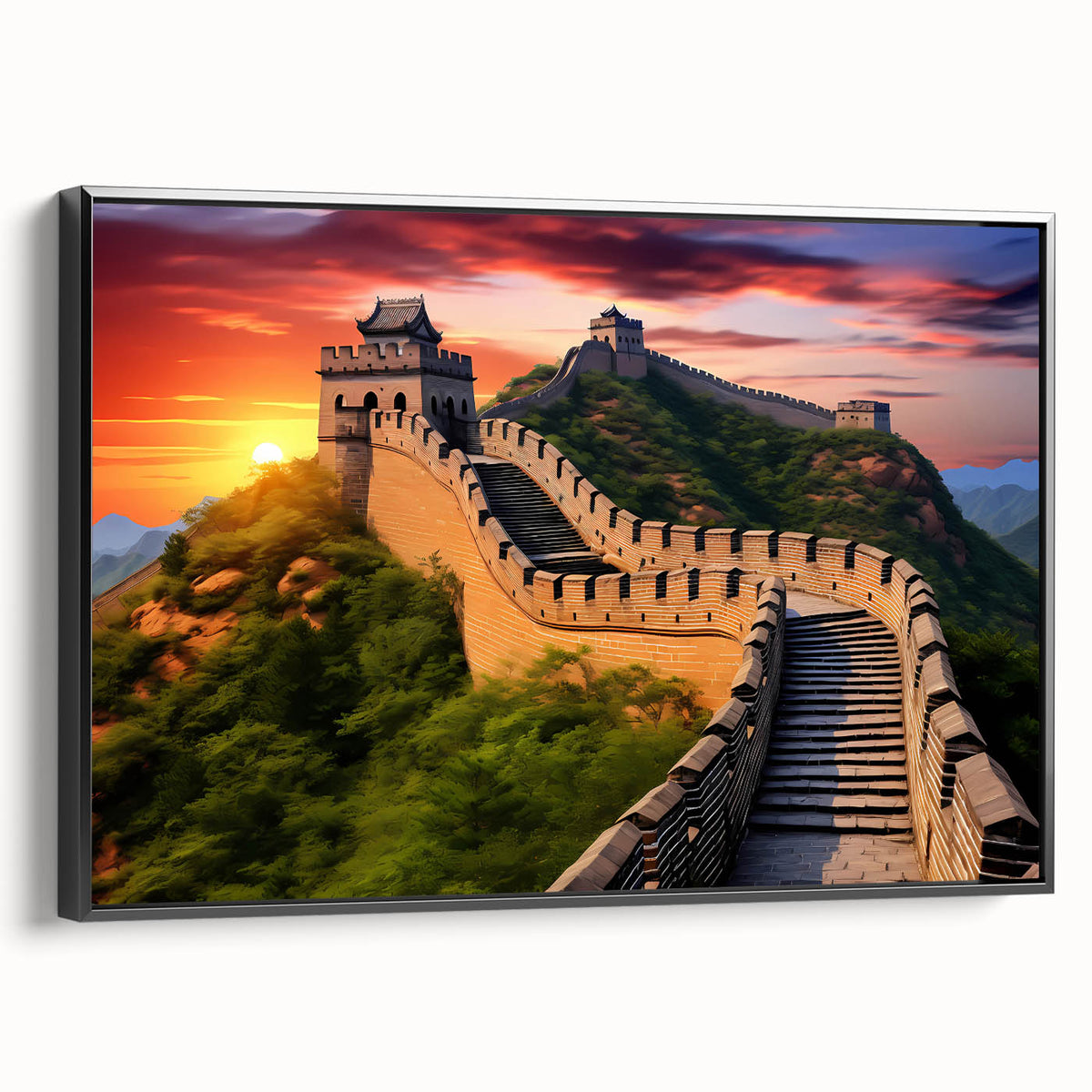 Black and white framed canvas of the Great Wall of China in a vintage poster style, suitable for bedroom decor.