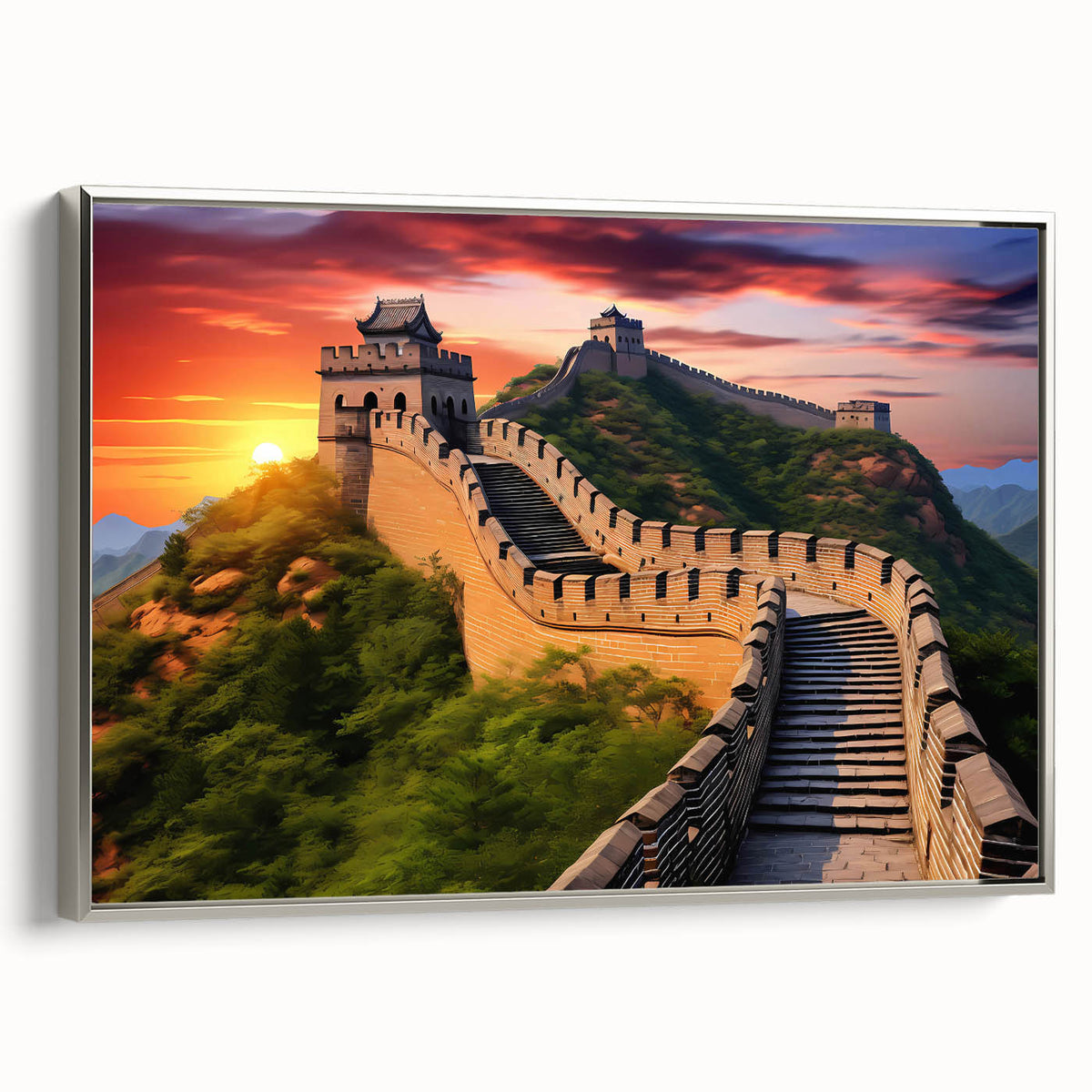 Framed canvas featuring a landscape art painting of the Great Wall of China in muted earth tones.