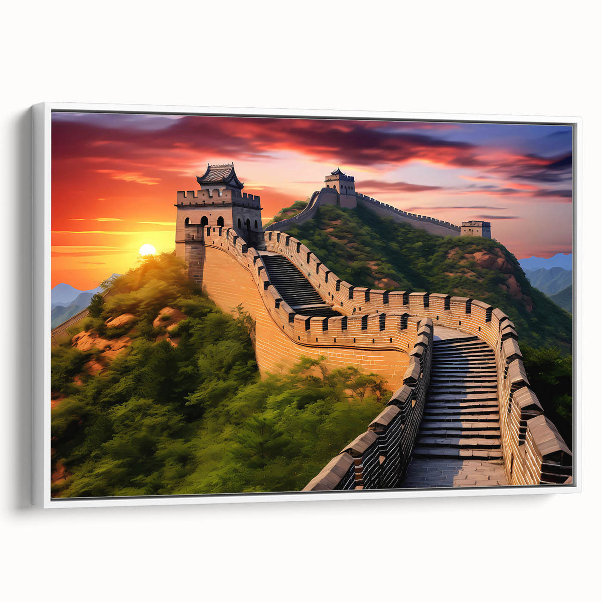 Vintage poster art of the Great Wall of China in muted earth tones on framed canvas, suitable for large living room walls.