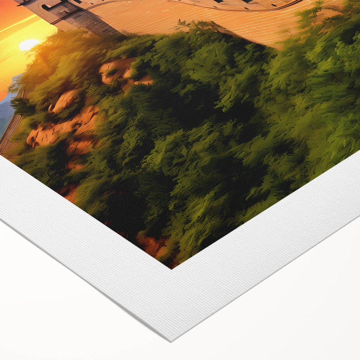 Art deco poster of the Great Wall of China in muted earth tones on rolled canvas, suitable for dining room decor.