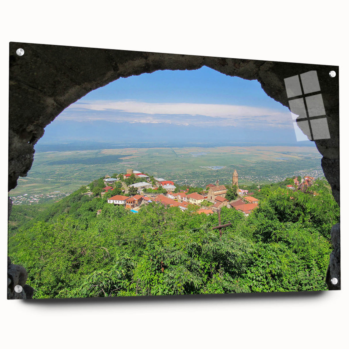 Large abstract wall art of a Georgia landscape in muted earth tones on acrylic glass, ideal for bedroom or dining room decor.