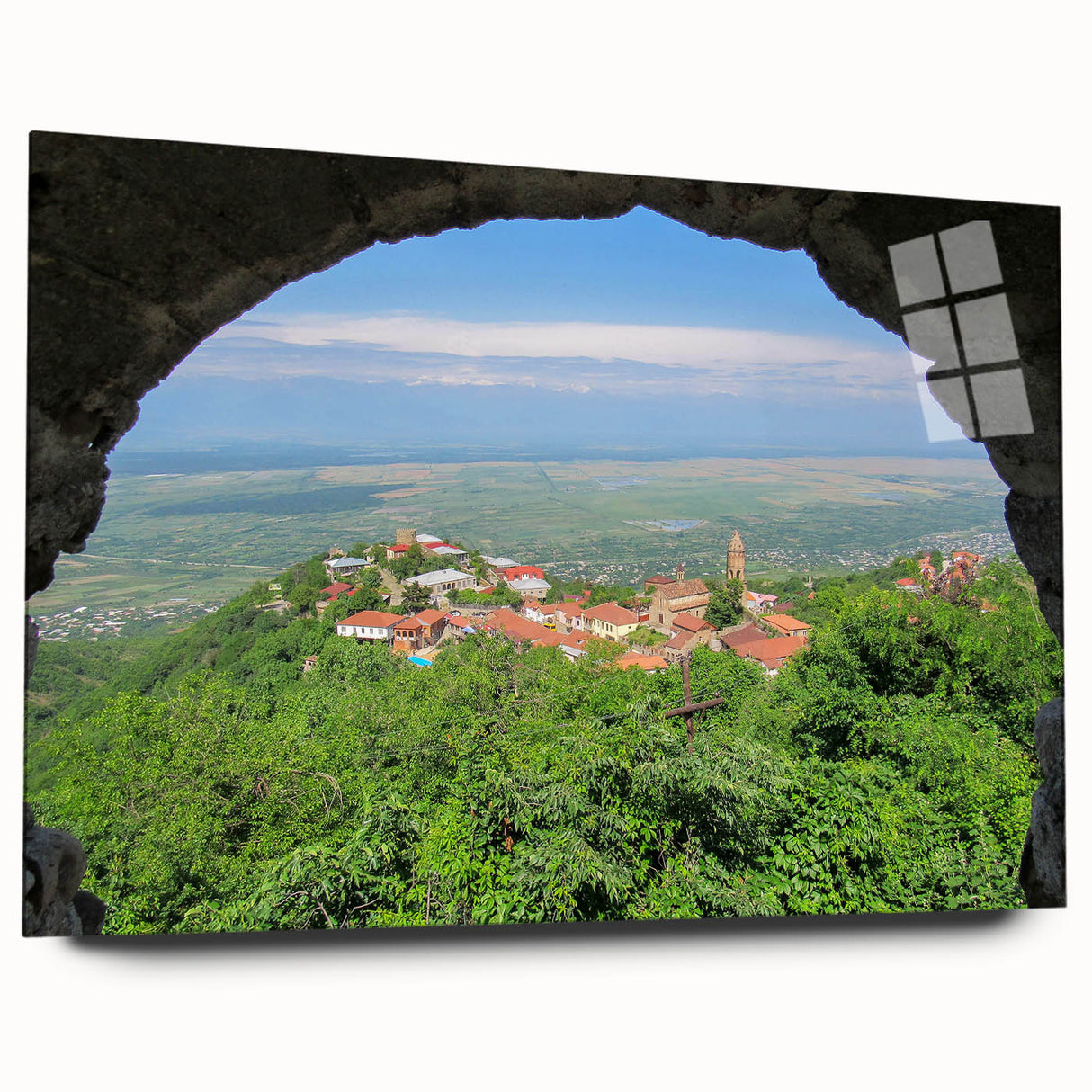 Large abstract acrylic print featuring a serene Georgia landscape in soft earth tones.